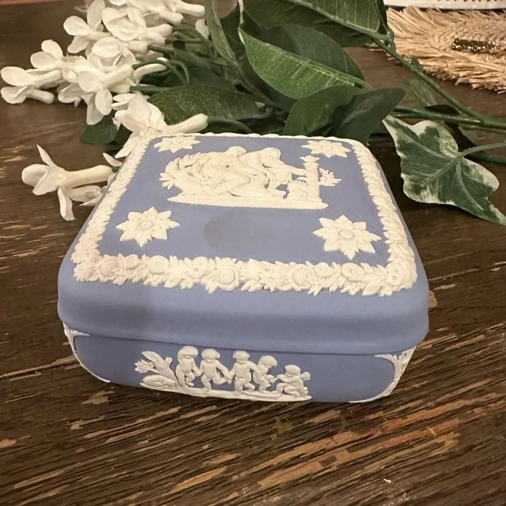 Wedgwood Vintage Jasperware Square Box w/Lid Greek Myth‎ Pale Blue